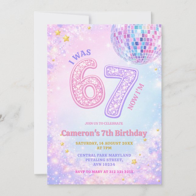 Pastel Sparkle Disco Glam 67 Kids Birthday Party Einladung (Vorderseite)