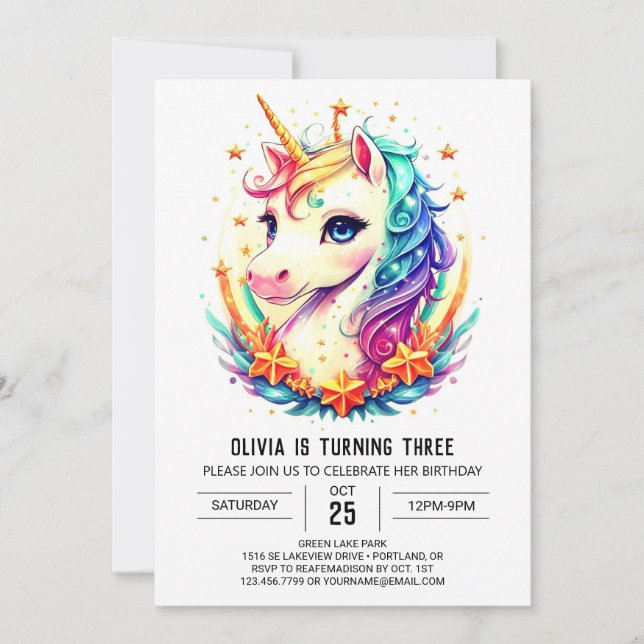 Pastel Sparkling Unicorn Geburtstag Einladung (Vorderseite)