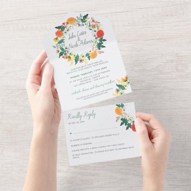 Pastel Spring Dahlia Wildblumen Wreath Wedding All In One Einladung (Abreißen)