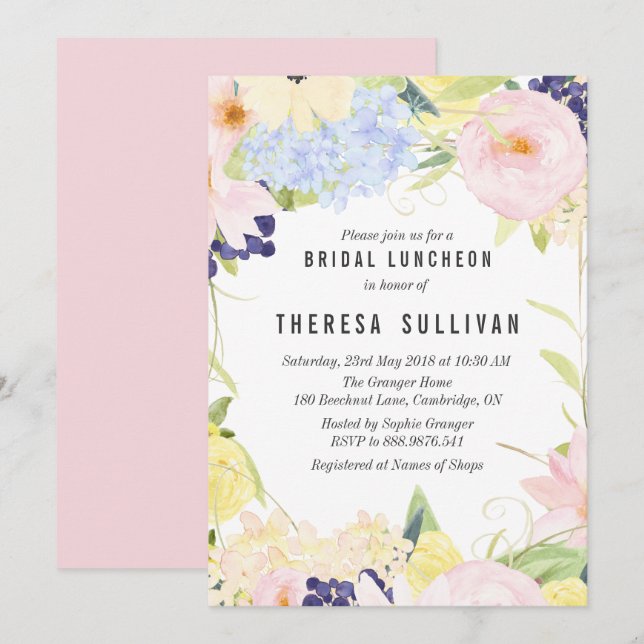Pastel Spring Flowers Bridal Luncheon Einladung (Vorne/Hinten)