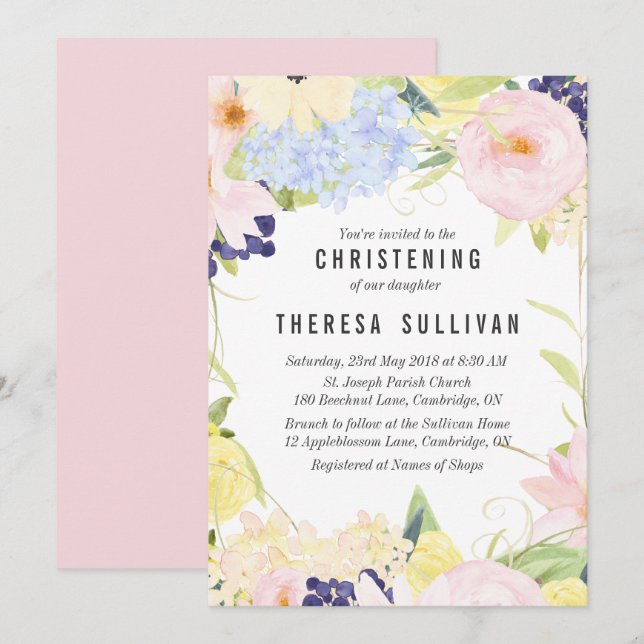 Pastel Spring Flowers Christening Einladung (Vorne/Hinten)