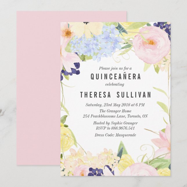Pastel Spring Flowers Quinceañera Einladung (Vorne/Hinten)