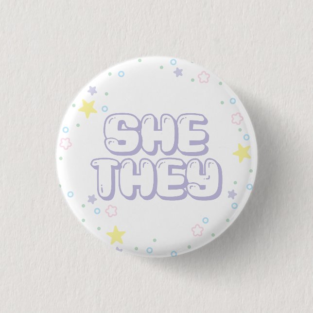 Pastel Star Confetti Sie Pronouns Button (Vorderseite)