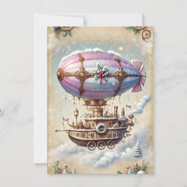 Pastel Steampunk Weihnachtskarte Antike Luftfahrt Karte (Vorderseite)