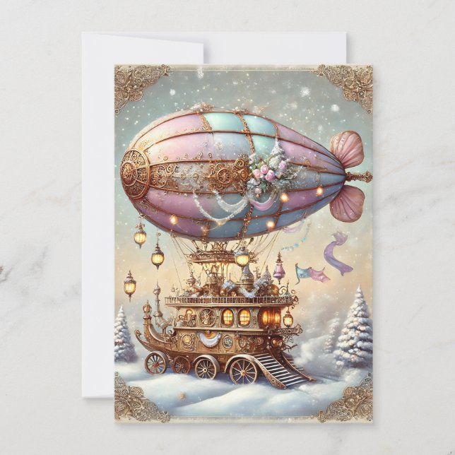 Pastel Steampunk Weihnachtskarte Antique Blimp Karte (Vorderseite)