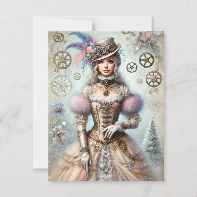 Pastel Steampunk Weihnachtskarte Antique Lady Save The Date (Vorderseite)