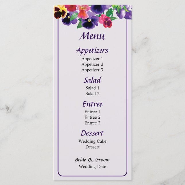 Pastel Stiefmütterchens Wedding Menu Menükarte (Vorderseite)