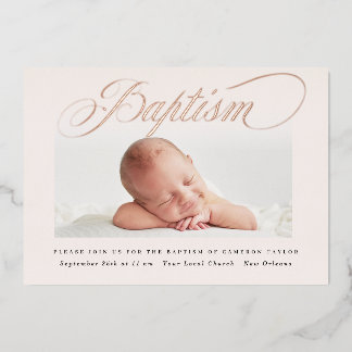Pastel Subtle Cross-One-Foto Taufe Rose Gold Folieneinladung