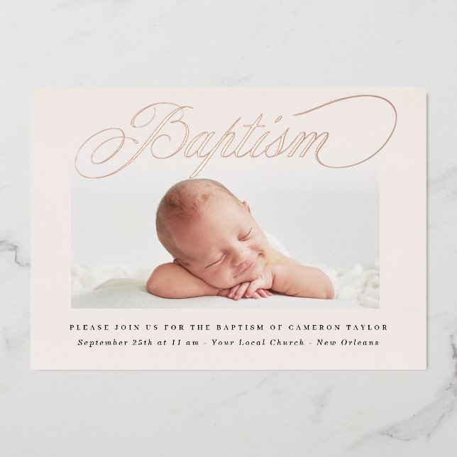 Pastel Subtle Cross-One-Foto Taufe Rose Gold Folieneinladung (Vorderseite)