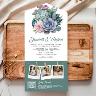Pastel Succulent Ampersand QR Code Hochzeit All In One Einladung