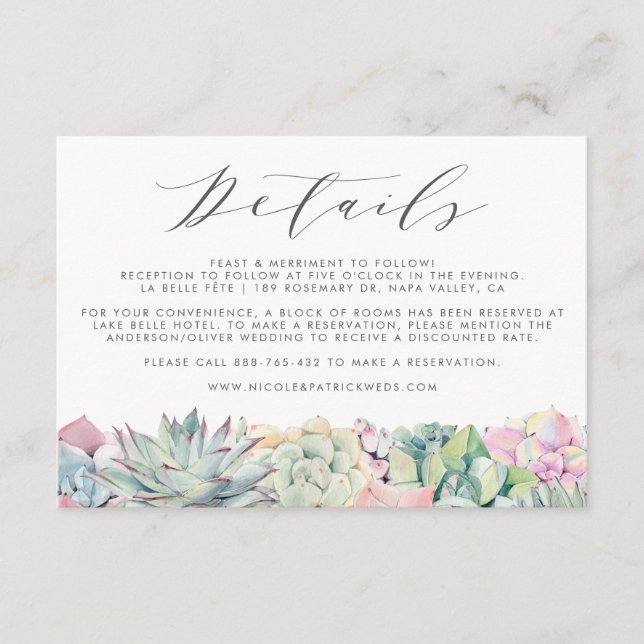 Pastel Succulents Garland Wedding Details Begleitkarte (Vorderseite)