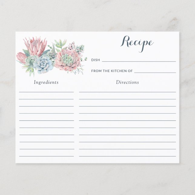 Pastel Succules Blumenkohl Brautparty Rezept Karte (Vorderseite)