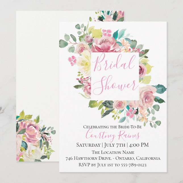 Pastel Summer Floral Bridal Dusche Einladung (Vorne/Hinten)