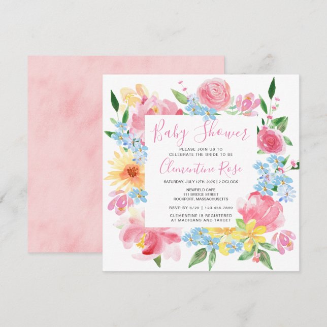 Pastel Summer Pink Yellow Floral Baby Dusche Einladung (Vorne/Hinten)