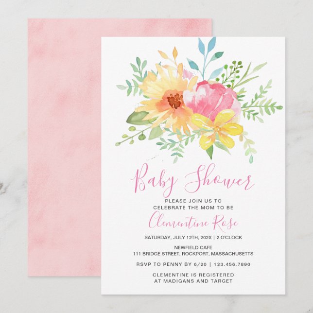 Pastel Summer Pink Yellow Floral Baby Dusche Einladung (Vorne/Hinten)