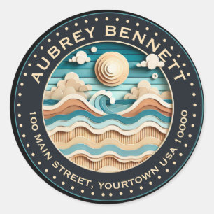 Pastel Sun & Surf Paper Art Name & Adresse Runder Aufkleber