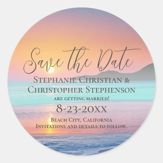 Pastel Sunset Zielstrand Save the Date Runder Aufkleber (Vorderseite)