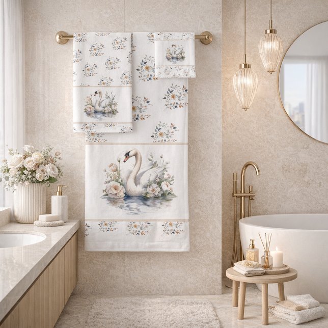 Pastel Swan and Floral Towel Trio Badhandtuch Set (Von Creator hochgeladen)