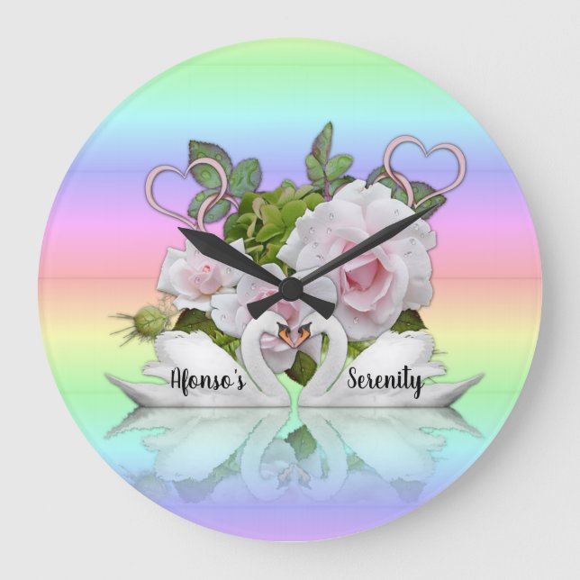 Pastel Swans Serenity Time Clock Große Wanduhr (Vorderseite)