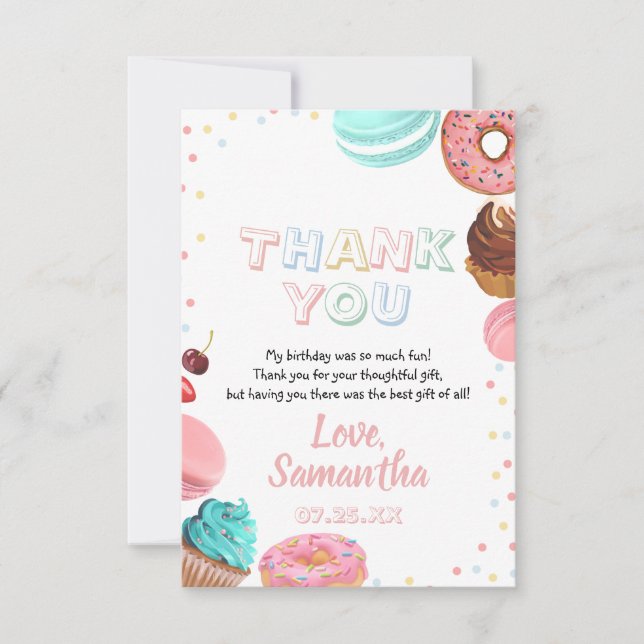 Pastel Sweet Candy Lolipop Cupcake Donut Birthday Dankeskarte (Vorderseite)