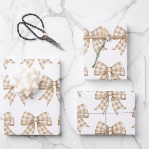 Pastel Tan und White Gingham Buffalo Kariert Bow Geschenkpapier Set