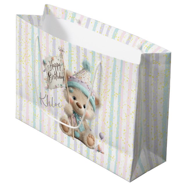 Pastel Teddy Bear Birthday  Große Geschenktüte (Vorderseite Schrägansicht)