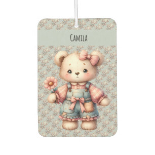 Pastel Teddy Bear Holding Blume Tragen Overalls Autolufterfrischer