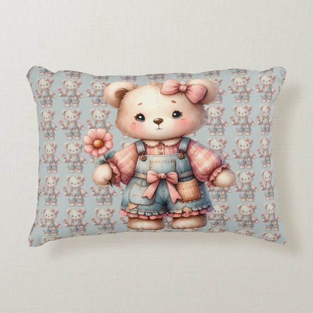 Pastel Teddy Bear Holding Blume Tragen Overalls Dekokissen (Vorderseite)