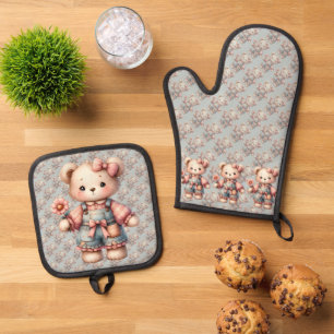 Pastel Teddy Bear Holding Blume Tragen Overalls Ofenhandschuh & Topflappen-Set