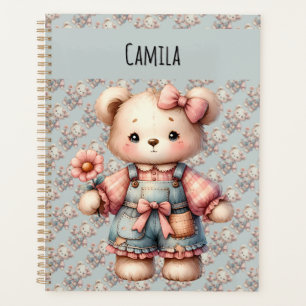 Pastel Teddy Bear Holding Blume Tragen Overalls Planer