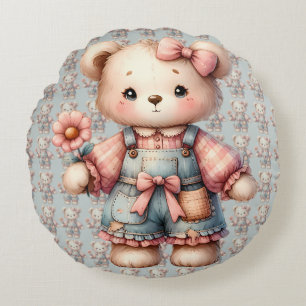 Pastel Teddy Bear Holding Blume Tragen Overalls Rundes Kissen