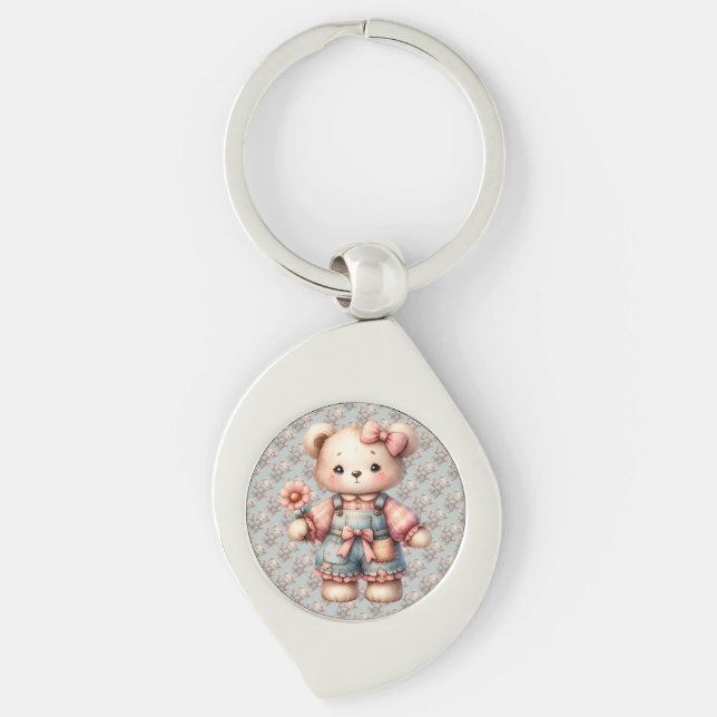 Pastel Teddy Bear Holding Blume Tragen Overalls Schlüsselanhänger (Vorderseite)