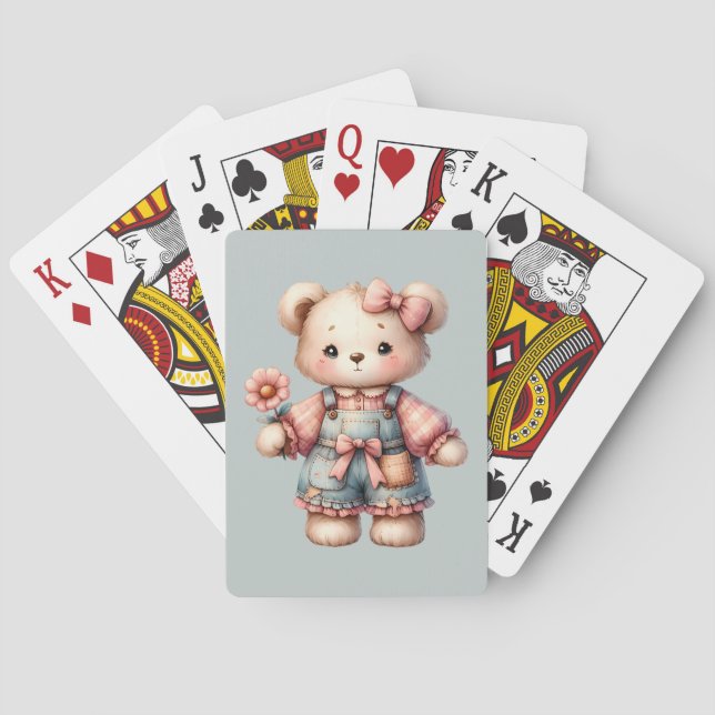 Pastel Teddy Bear Holding Blume Tragen Overalls Spielkarten (Rückseite)