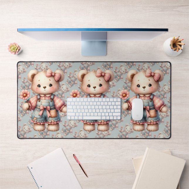 Pastel Teddy Bear Holding Flower Wear Overalls (Bureau 1)
