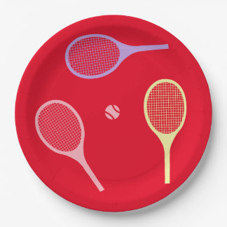 Pastel Tennis Rackets mit Tennisball auf Rot Pappteller
