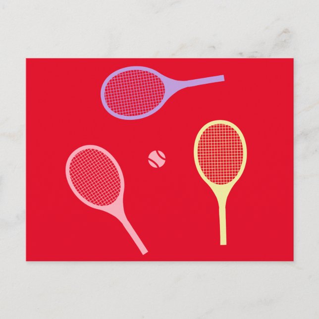Pastel Tennis Rackets mit Tennisball auf Rot Postkarte (Vorderseite)