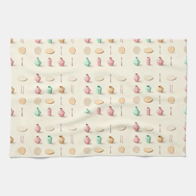 Pastel toned isometric low poly vases and cutlery geschirrtuch (Horizontal)
