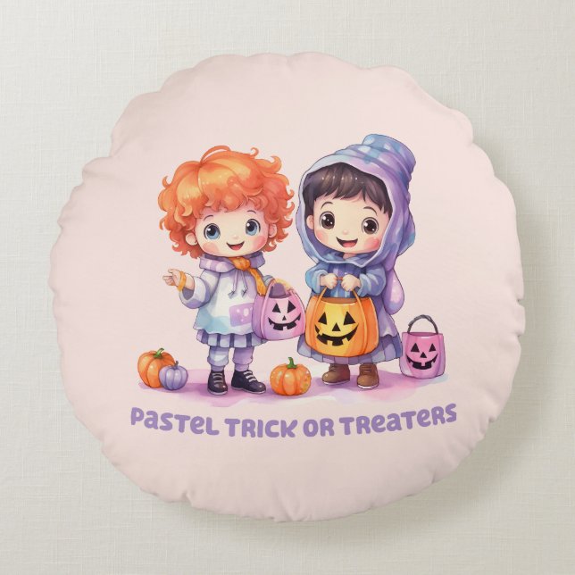 Pastel Trick oder Treaters Rundes Kissen (Vorderseite)
