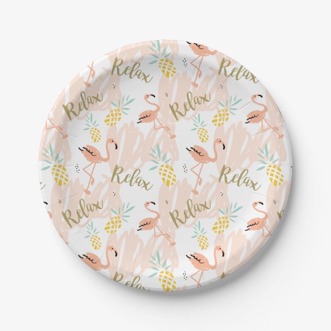 Pastel Tropical Pink Flamingo Muster Pappteller (Vorderseite)