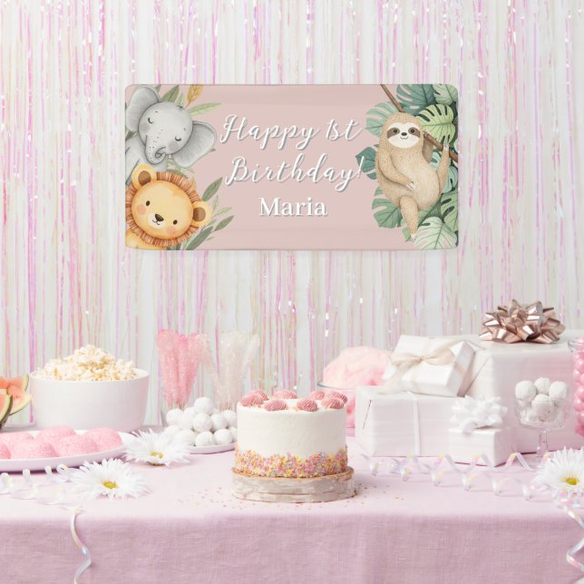 Pastel Tropical Wild One Jungle Safari Foto Banner (Party)