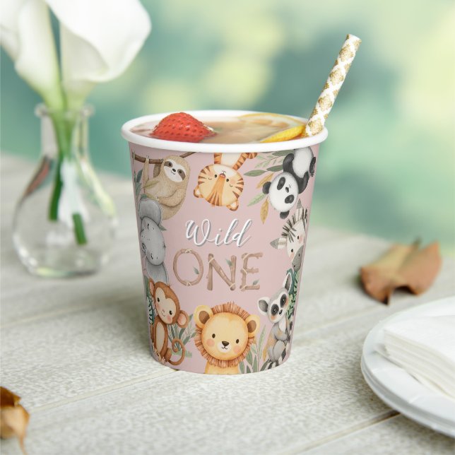 Pastel Tropical Wild One Jungle Safari Tiere Pappbecher (In Situ)