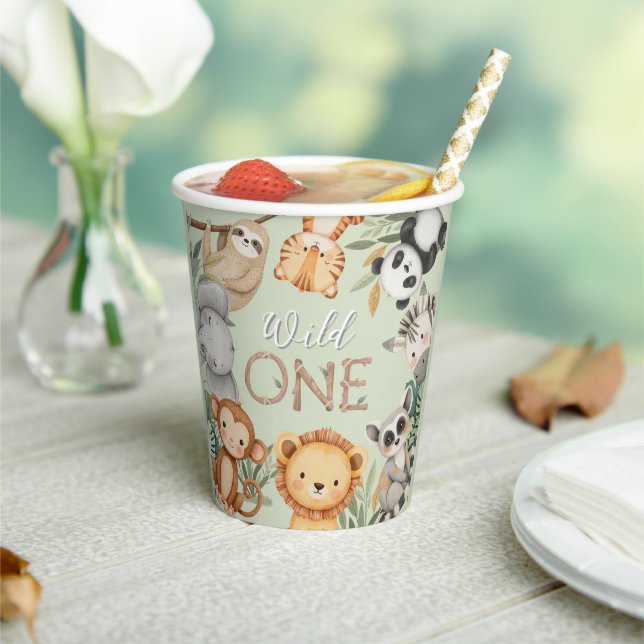 Pastel Tropical Wild One Jungle Safari Tiere Pappbecher (In Situ)