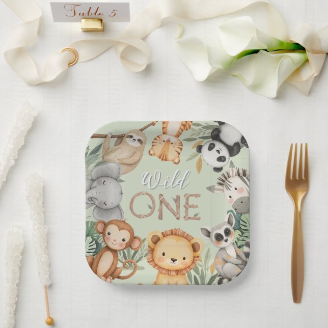Pastel Tropical Wild One Jungle Safari Tiere Pappteller (Hochzeit)