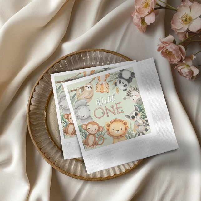 Pastel Tropical Wild One Jungle Safari Tiere Serviette (Von Creator hochgeladen)