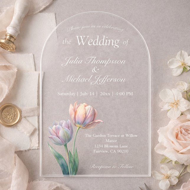 Pastel Tulip Wedding Suite Elegant Typography Acryleinladungen (Von Creator hochgeladen)