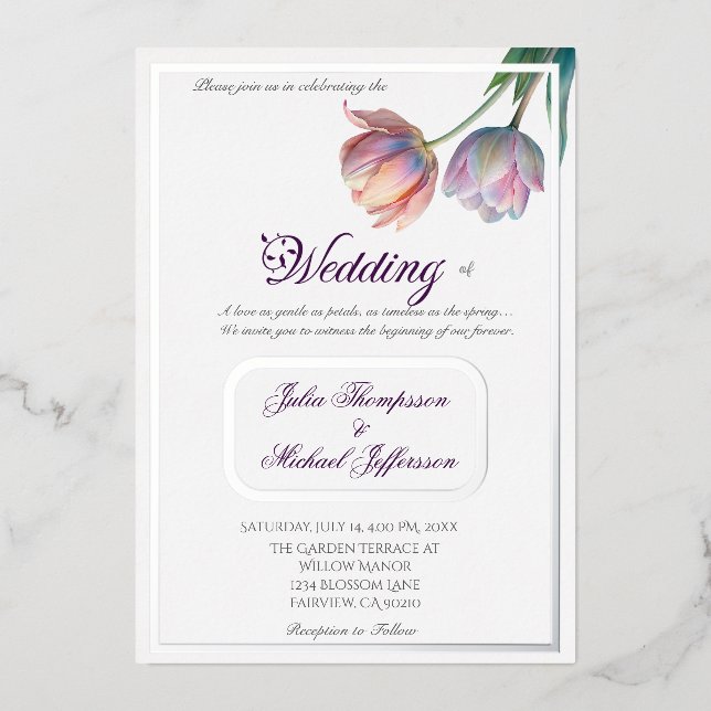 Pastel Tulip Wedding Suite Elegante Typografie Folieneinladung (Vorderseite)