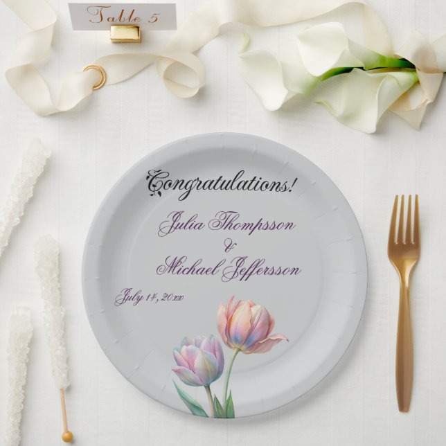 Pastel Tulip Wedding Suite Elegante Typografie Pappteller (Hochzeit)