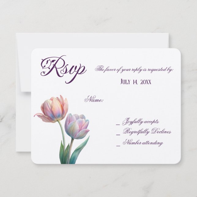 Pastel Tulip Wedding Suite Elegante Typografie RSVP Karte (Vorderseite)