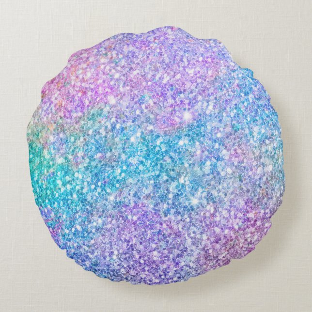 Pastel Türkis Blau & Lila Glitzer Rundes Kissen (Rückseite)