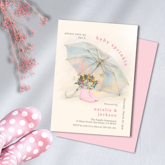 Pastel Umbrella Floral Pink Boots Baby Sprinkle Einladung (Pastel Umbrella Floral Pink Boots Baby Sprinkle Invitation)